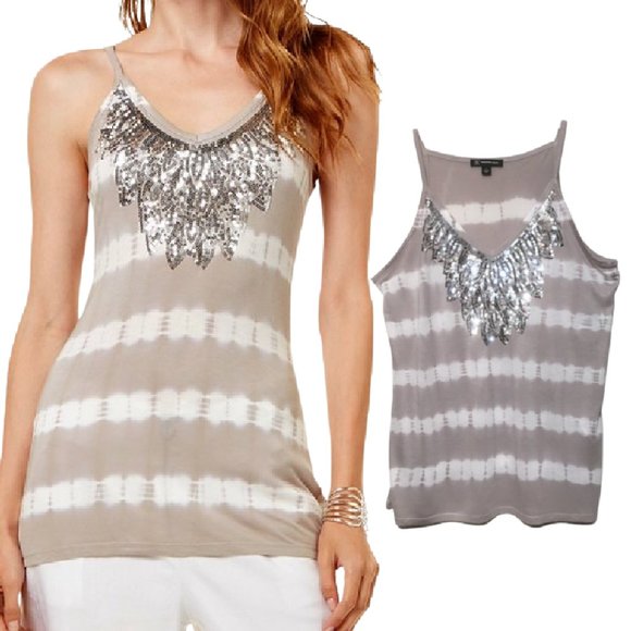 INC International Concepts Tops - INC V-Neck Top Silver Sequin Gray Tie Dye Tank Stretch Large NEW